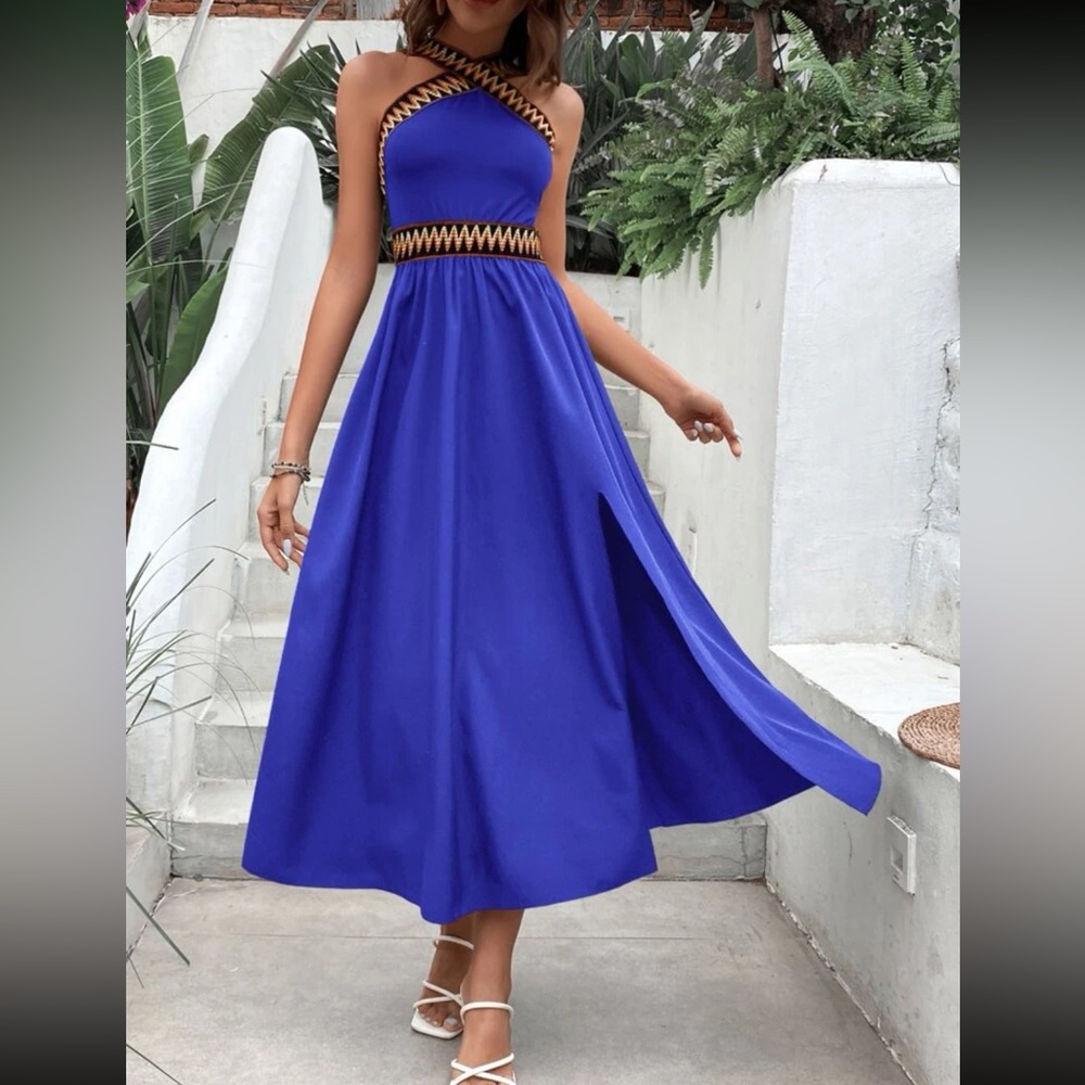 Boho chevron trim slit thigh maxi dress
